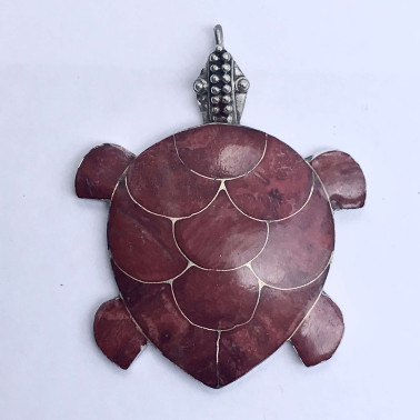 PD 05326 CR-(MEDIUM HANDMADE 925 BALI SILVER TURTLE PENDANT WITH CORAL)